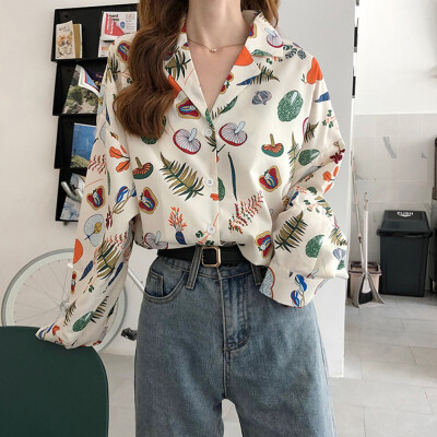 

Autumn Vintage Print Female Blouse Fashion Loose Long Sleeve Shirts V Collar Sweet Women Tops