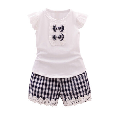 

infant toddler girl clothes set white big bow-knot short sleeveplaid shorts for 0-6T