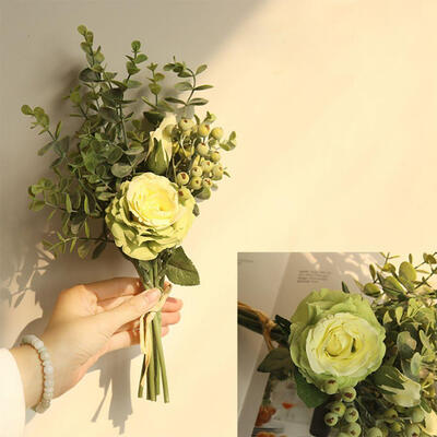 

Artificial Rose Bouquet with Eucalyptus Leaves&Berries 13-Inch Tall for Table Home Office Decor Wedding Floral Arrangement