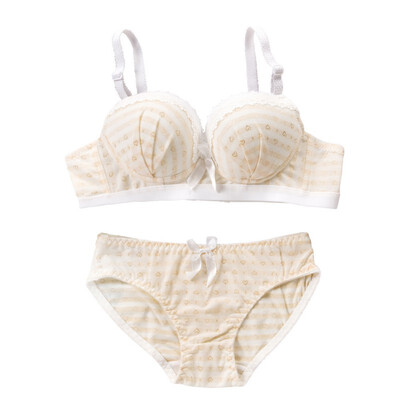 

Sexy High Quality Women Bras Sets Lace Decorate Striped Print Push Up Underwear Bow Bras&Cotton Panties