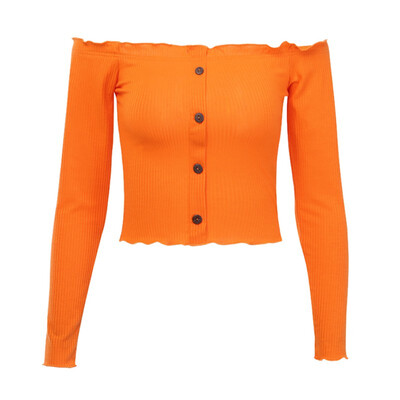 

Sexy Slim Solid Color Button Decoration Cropped Tops Fashion Novel Off The Shoulder Women T-Shirt