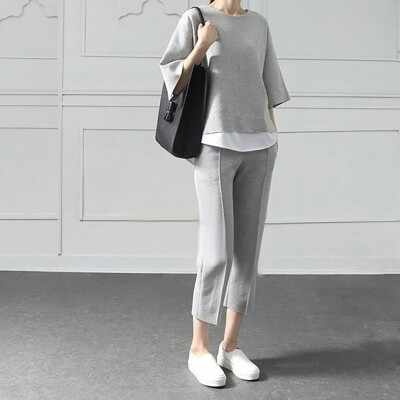 

Autumn Casual O-Neck Fake Two Pieces Sets Top 34-Length Pants Two-piece Sets Loose Splits Sleeve Suits