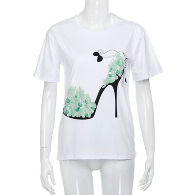 

Fashion Summer Women Flower High Heel Print Tee Top Short Sleeve O-Neck T-shirt