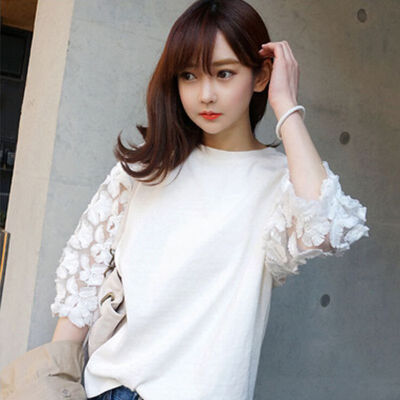 

Women Round Collar Solid Color T-Shirt Lace Cropped Sleeve Casual Ladies Clothing Wild Loose Female Tops New Fashion Clothing