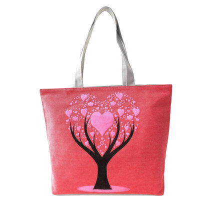 

Fashion Heart Tree Printed Large Capacity Zipper Women Tote Shoulder Canvas Bag