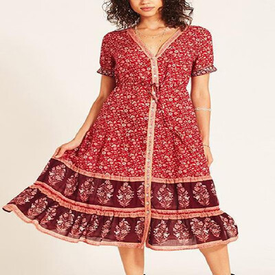

Allover V-neck Front Buttons Midi Skater Dress