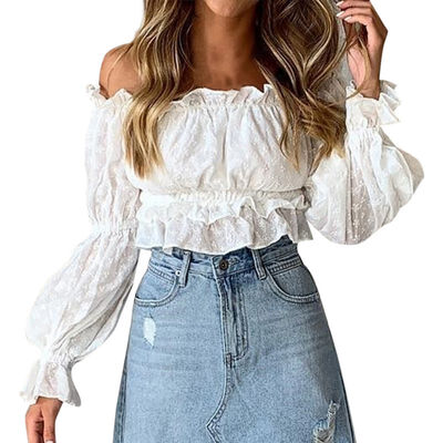 

Tshirt Women Elegant Long Sleeve Casual Cotton T Shirts Tops Off Shoulder Sexy Mesh Embroidery One Word Collar T-Shirt Women Clo