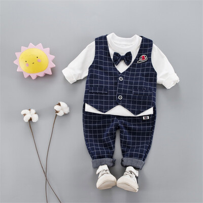 

2019 New Autumn Baby Boy Long Sleeve Gentleman Soft Cotton T-Shirt TopsPlaid VestLong Pants Trousers Toddler Outfits