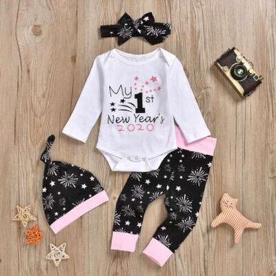 

UK My 1st New Years Infant Baby Girl Clothes Tops Pants Headband Hat Outfit Set