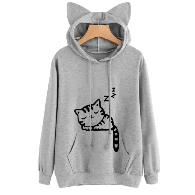 

Autumn&Winter Women Cat Print Ears Pullover Hoody Long Sleeve Sweatshirt With Hood Blazer Plus Size Tops