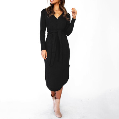 

Tailored Womens V-Neck Solid Long Sleeve Loose Dress knitting Casual Long Dress