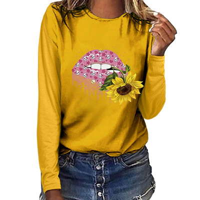

Plus Size New Autumn Fashion Women Casual Blouse Sunflower And Lips Printed Sweatshirt Long Sleeve Shirt Tops