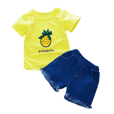 

Summer Baby Girls Clothes Cute Short Sleeve Pineapple Pattern T-shirt TopsDenim Shorts Suits Casual Children Clothing Sets