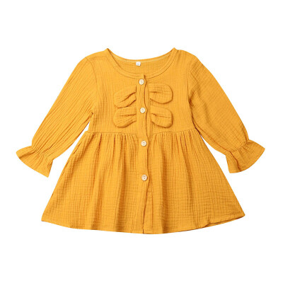 

2019 Casual Baby Girls Long Flare Sleeve Solid Print Dress Kids Bowknot Pageant Dresses 1-5Y Autumn Dress