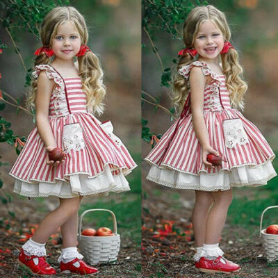 

USA Summer Toddler Kids Girls Striped Party Lace Sleeve Princess Dress Clothes