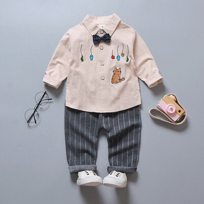 

2pcs Baby Clothes Boy Girl HandsomeLong Sleeve Lapel T-shirt Cat Pattern Concise Casual Striped Long Pants Kids Set