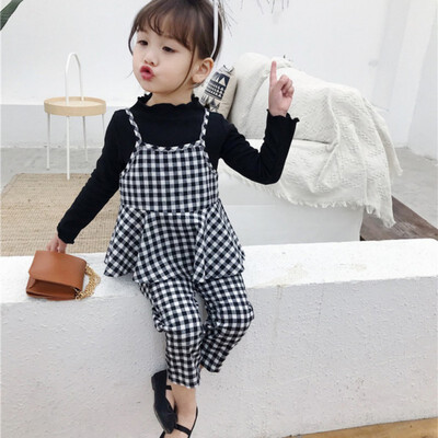 

Children Set 1-7T Baby Girl Dress New Autumn Plaid Print Pants Cotton Long Sleeve T-shirt Round Collar Sling Vest Soft Three-pie