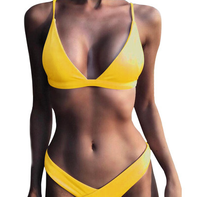 

Women Summer New Style Concise Solid Color Sexy Polyester Sleeveless Low Waist Double-Sided Bikinis Set Beach Vacation