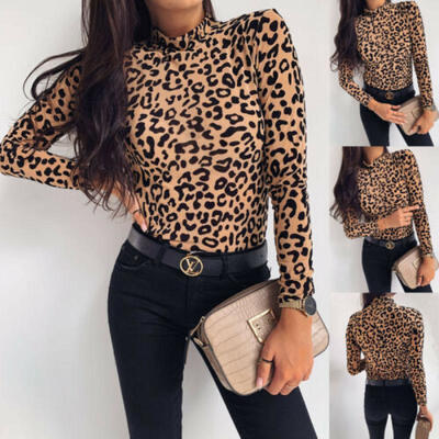 

UK Womens Leopard Summer Long Sleeve Turtleneck Tops Casual Shirt Blouse T-shirt