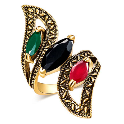

Vintage Large Ring Antique Gold Color Mosaic Colorful Resin Ring For Women Turkish Jewelry