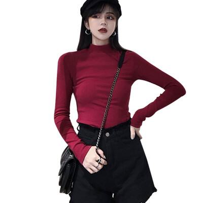 

Korean Style Semi-high Collar Solid Color Self-cultivation Wild Long-sleeved T-shirt Yellow