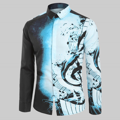 

Toponeto Men Casual Musical Note Pattern Casual Long Sleeves Shirt Top Blouse