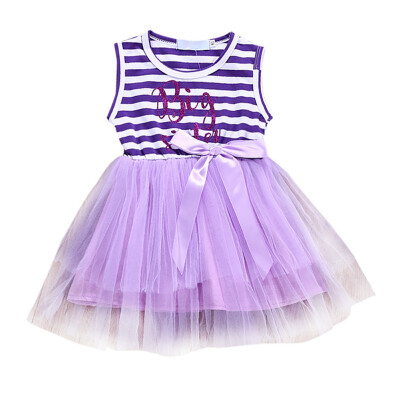 

Cute Summer Casual Baby Girls Letter Stripe Pattern Sleeveless Patchwork Mesh Dress Kids Toddler Pageant Sundress New