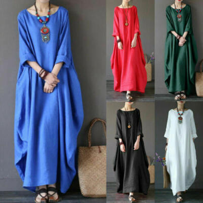 

Muslim Women Kaftan Abaya Jilbab Islamic Girls Cotton Linen Loose Maxi Dress New