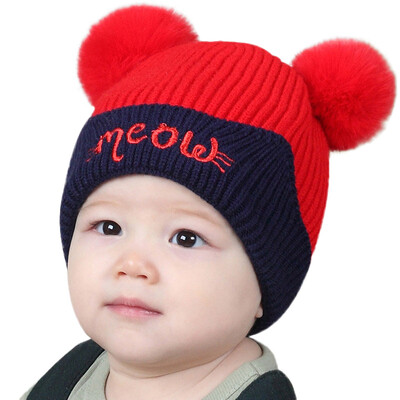 

Winter Newborns Hats Cute Warm Kids Girls Boys Baby Letters Print Plush Ball Design Hats Knitted Hemming Caps
