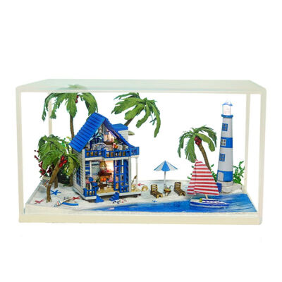 

Aegean Sea Hut Micro-landscape Dollhouse DIY Small Love Sea Villa Dust Cover LED Miniature Doll House