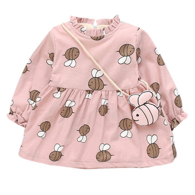 

Autumn Casual Toddler Baby Girls Long Sleeve Bee Print Dress Kids Princess Thicken Pageant Dresses With Bag