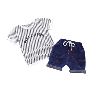 

Summer Baby Boy Adorable Stripe Letter Print Short Sleeve T-Shirt Blouse Shorts Casual Outfits Clothes