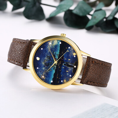 

〖Follure〗Women Fashion Starry Sky Leather Band Analog Quartz Round Wrist Watch Watches BK