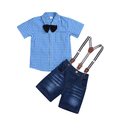 

Summer Children Baby Boys Casual Short Sleeve Plaid Print Shirt Tops With BowknotStrap Shorts Costume Set