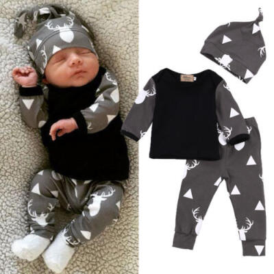 

US Newborn Toddler Kids Baby Girl Boy Deer Elk T-shirtPants Hat Outfits Set