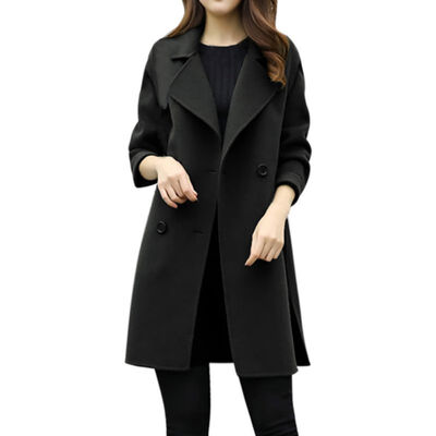 

Women Winter Fashion Woolen Coat Solid Color Lapel Double-breasted Casual Long Sleeve Warm Wool Slim Coat