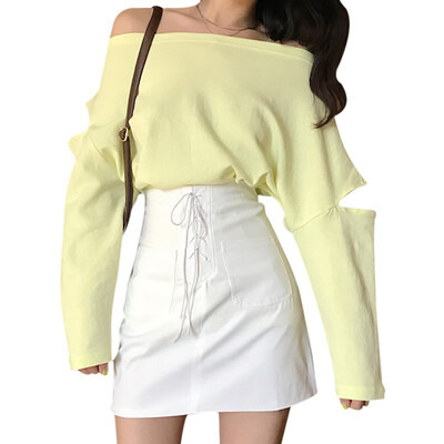

Autumn Women T-shirt Sexy Slash Neck Loose Solid Color T-shirt Thin Long-sleeved T-shirt