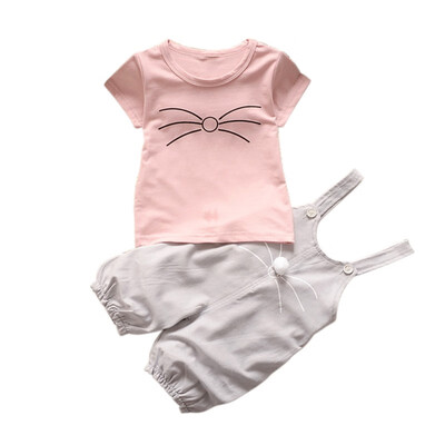 

2 Pcs New Baby Girls Summer Outfits Set Cute Cotton Overall Pants Short Sleeve T-Shirt