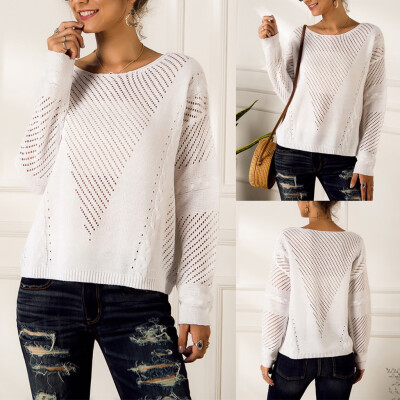 

Tailored Womens O Neck Solid Long Sleeve Hollow Knitted Sweaters Casual Blouse Tops