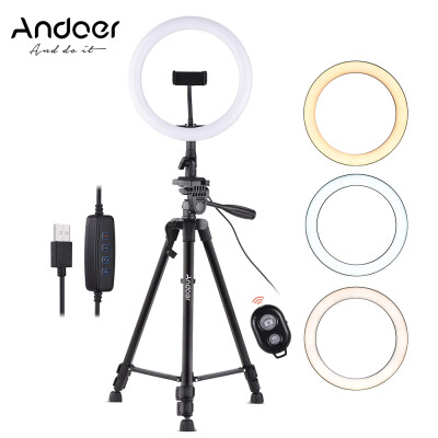 

Andoer 10inch LED Ring Light with Tripod Stand Phone Holder Remote Shutter 2800K-5700K Dimmable 3 Colors Light for Live Streaming