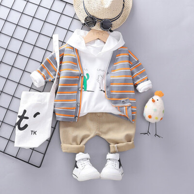 

New Autumn Fashion Casual Cactus Print Striped Boy Set Hoodie Pants Cardigan 3pcs Toddler Children Set 0-3T Baby Boy Clothes