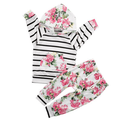 

2Pcs Newborn Baby Boys Girls Floral Hooded Tops Long Pants Outfits Kids Clothes Set For Gift