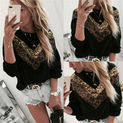 

Womens Leopard Print Patchwork Long Sleeve Loose T-Shirt Tops Casual Blouse Plus