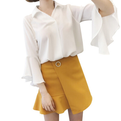 

New Summer Blouse Women Tops Shirts Elegant Three Quarter Horn sleeve Chiffon Blusas Femininas