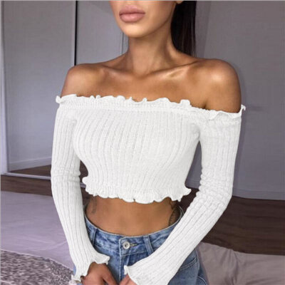 

Women T Shirt Off Shoulder Crop Top For Women Long Sleeve Solid Short T-Shirt Women Slash Neck Cotton Knitted T shirt Women