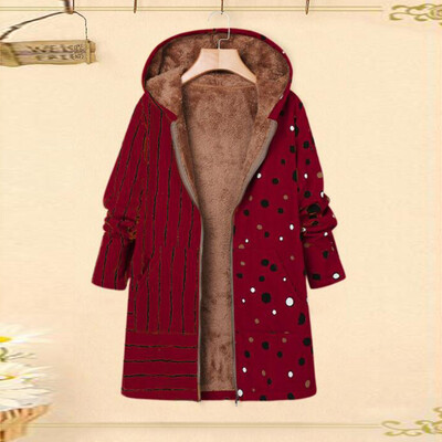 

Toponeto Plus Size Women Winter Warm Printed Pockets Thicker Zipper Hooded Coat Outwear