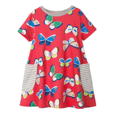 

Summer Casual Baby Girls Butterfly Print Pocket Dress Cotton Kids Toddler Short Sleeve Pageant Sundress