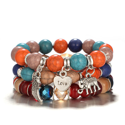 

Fashion Multilayer Natural Stone Crystal Bangle Wing Love Elephant Women Jewelry