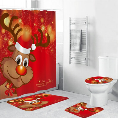 

Gobestart 4Pcs Christmas shower Curtain Bathroom Anti-slip Carpet Rug Toilet Cover Mat Set