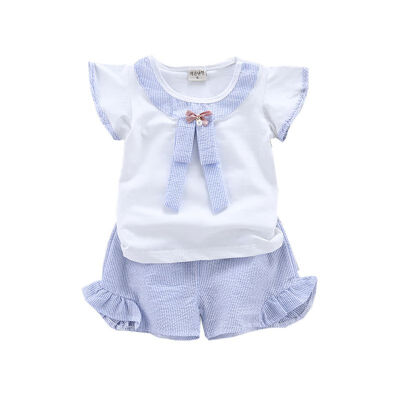 

Summer Baby Girls Clothes Casual Flare Sleeve T-shirt Tops With Bowknot DesignStriped Shorts Suits Costume Set